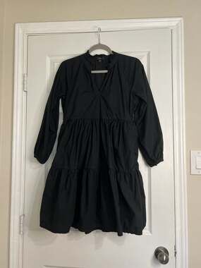 J.Crew Ruffle-Neck Tiered Mini Dress in Cotton Poplin, Black, Size XXS